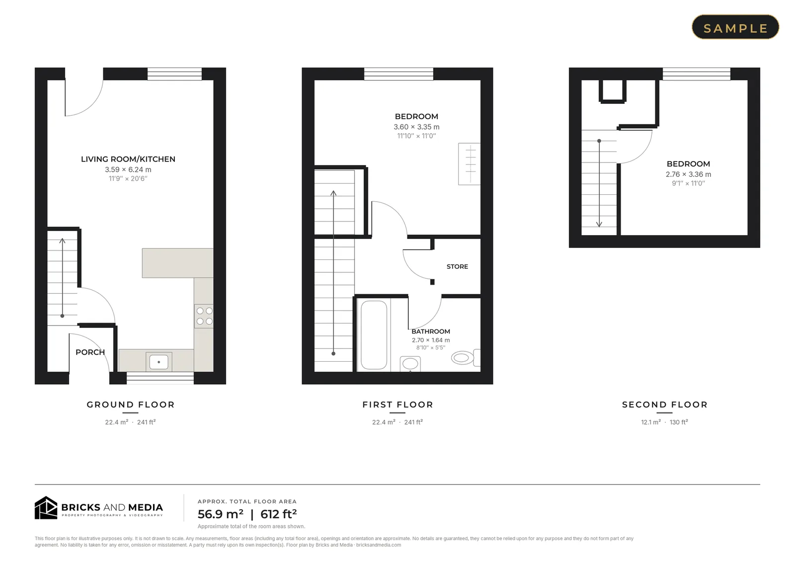 Sample 2D black and white floor plan of the same three-storey home
