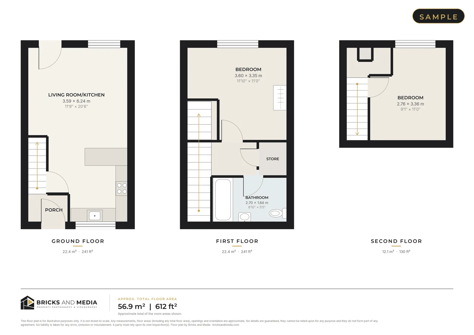 Sample 2D colour floor plan of a three-storey home, with warm-toned rooms, charcoal walls and gold accents
