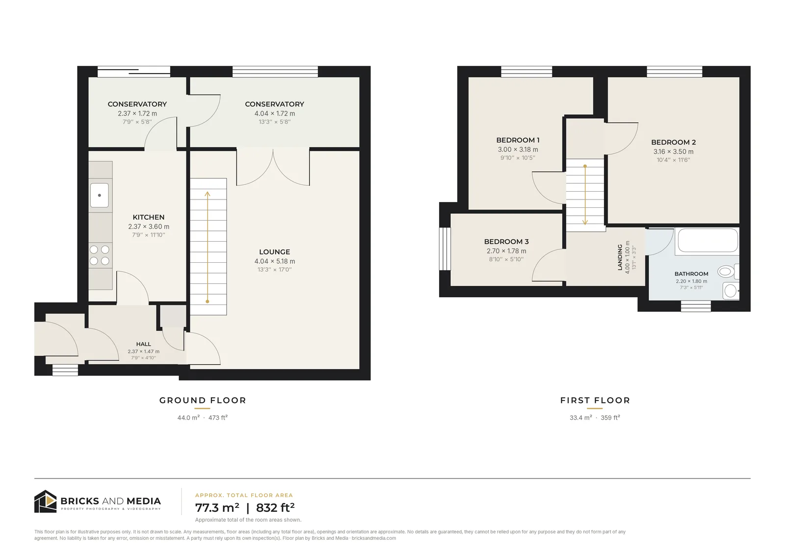 Finished 2D colour floor plan of the same two-storey house, with room names, sizes in metres and feet, and total floor area