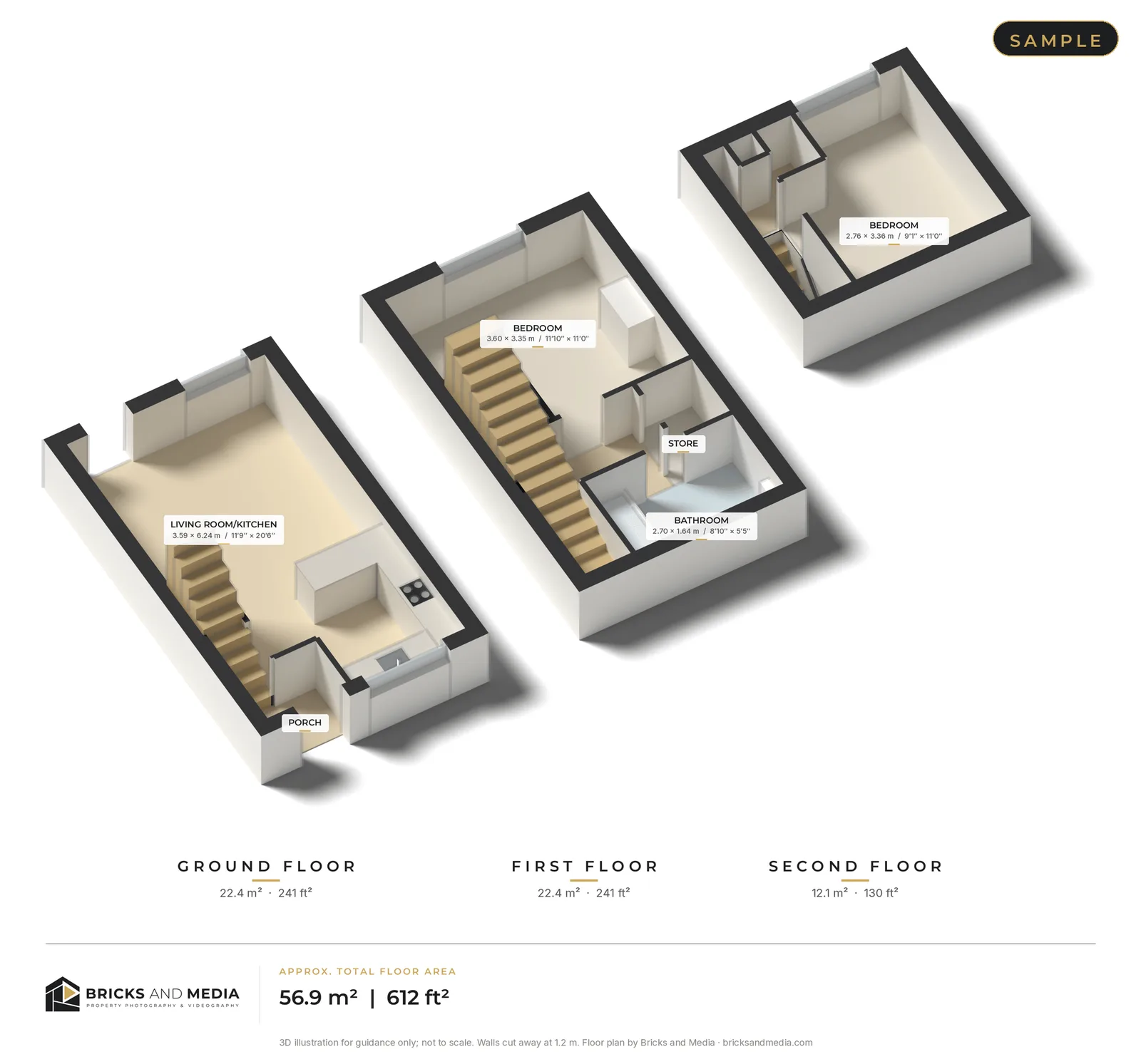 Sample 3D cutaway floor plan of the same three-storey home, with low walls, fittings and labelled room sizes