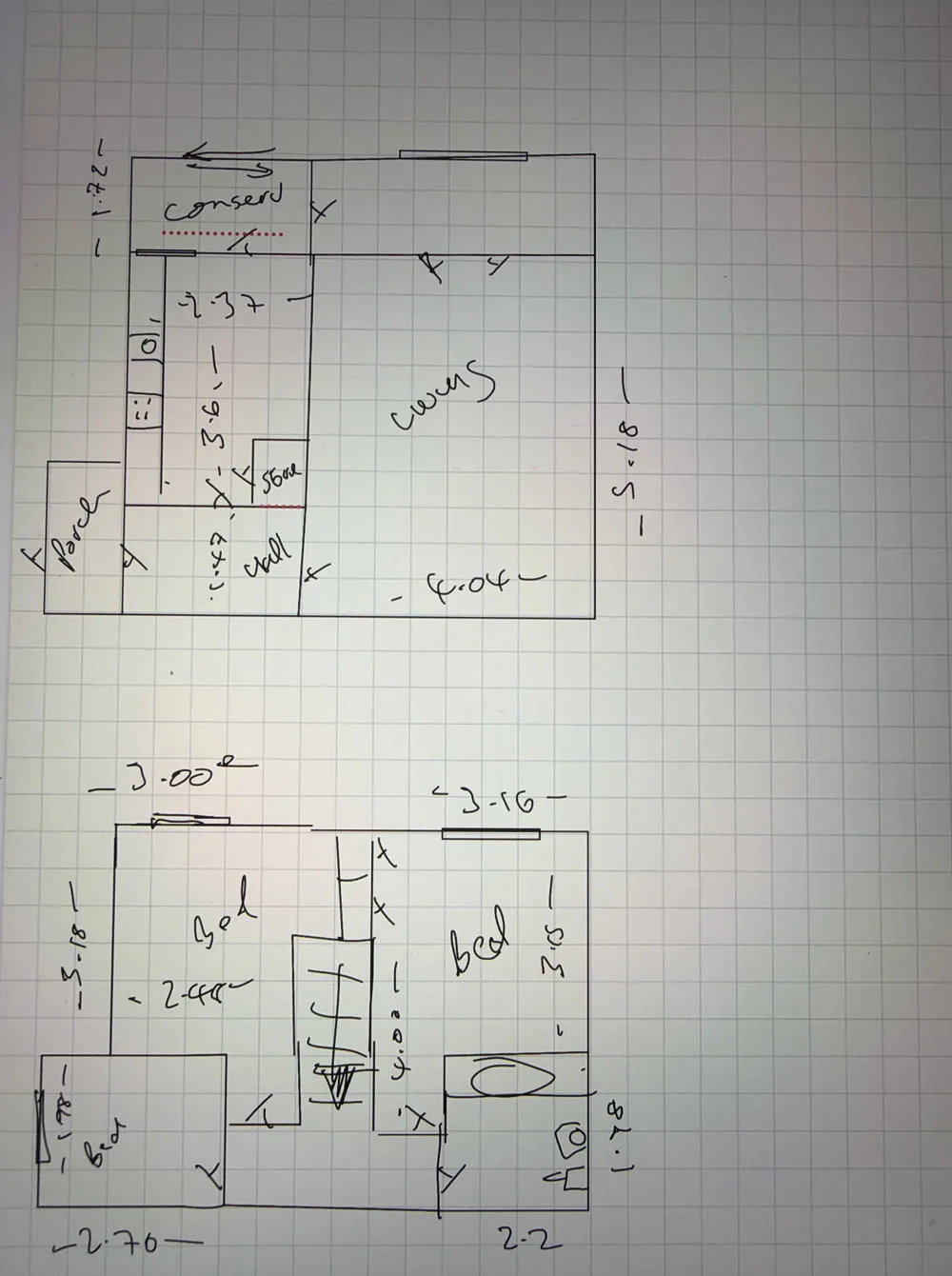 Hand-drawn, measured sketch of a two-storey house on graph paper