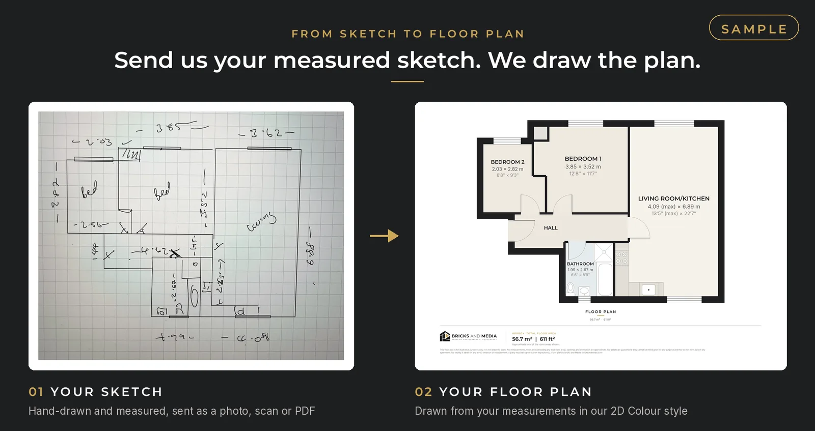 From sketch to floor plan: a hand-drawn, measured sketch of a flat on graph paper beside the finished 2D colour floor plan drawn from it